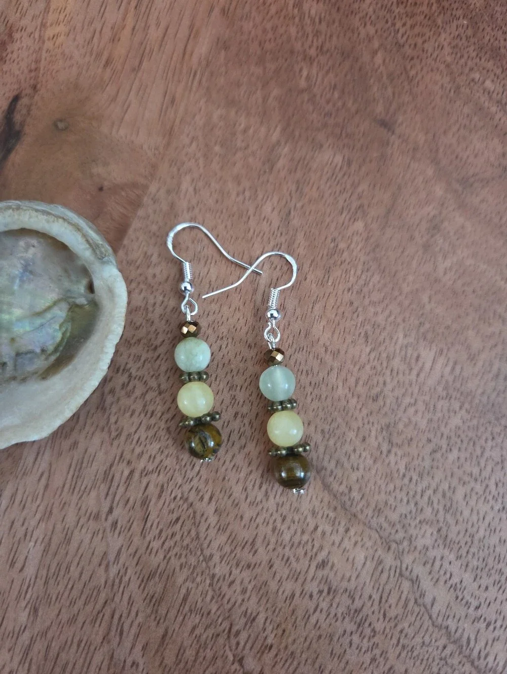 Bohemian Green Yellow Brown Beaded Drop Earrings Fairy Whimsical Handmade Gift